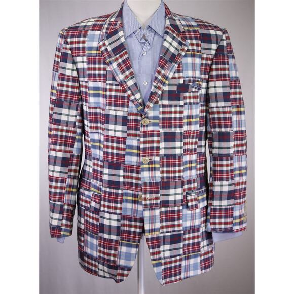 Etienne Aigner Men's Patchwork Madras Red Blue Plaid Cotton Blazer Large 44R - Picture 2 of 9
